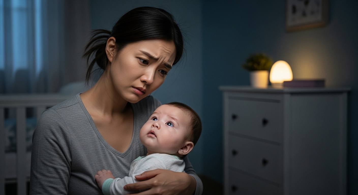 어두운 방에서 아기를 안고 걱정하는 엄마의 모습