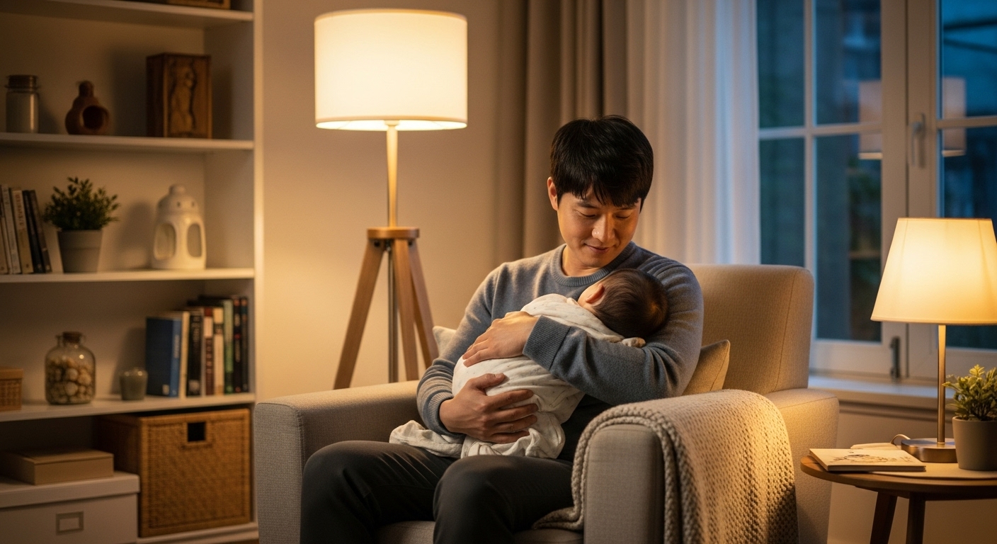 따뜻한 조명 아래 거실에서 아기를 안고 달래는 아빠의 모습