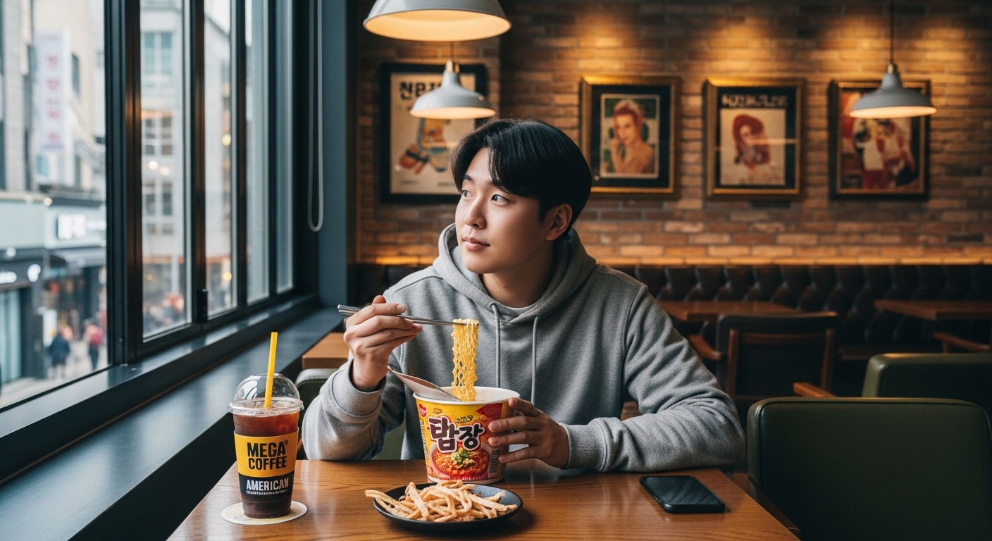 현대적인 카페에서 젊은 성인이 라면 간식을 즐기는 모습