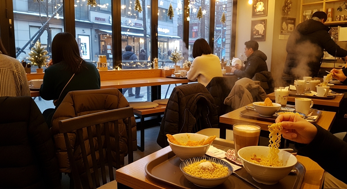 겨울철 따뜻한 조명 아래 바삭한 라면 간식을 즐기는 손님들