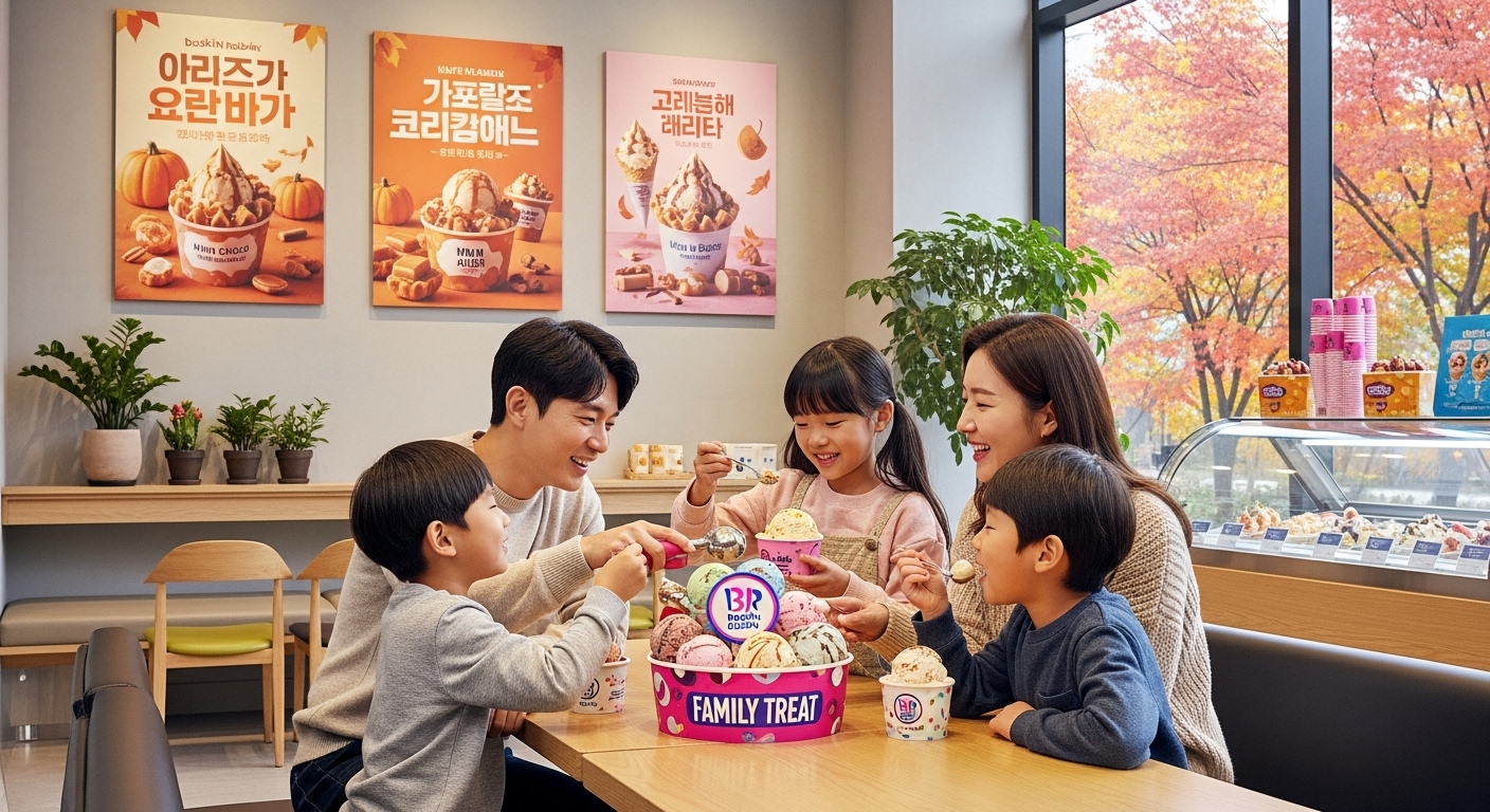 현대적인 카페에서 베스킨라빈스 아이스크림을 즐기는 가족의 모습