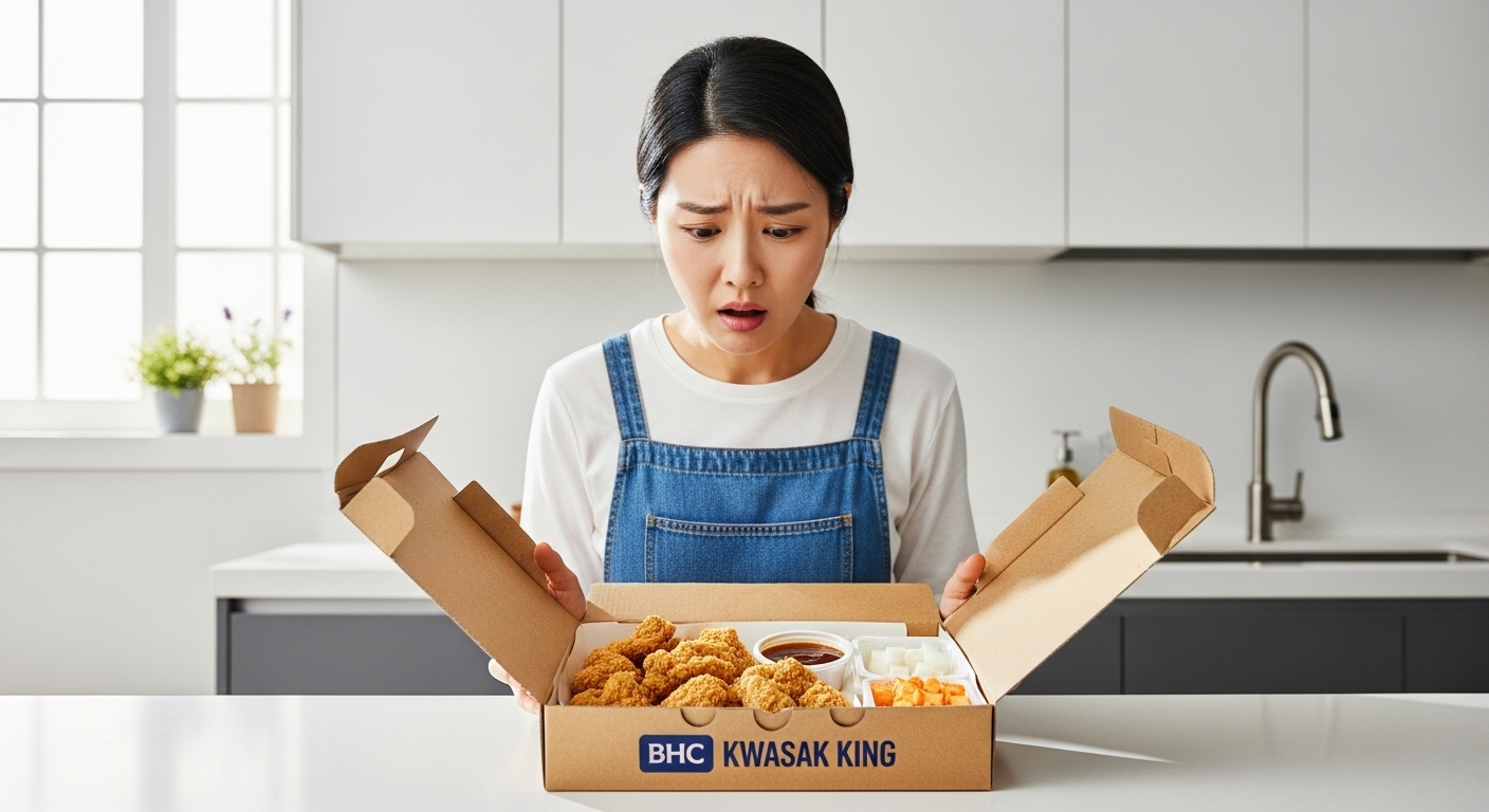 현대적인 주방에서 BHC 콰삭킹 순살 치킨 박스를 열고 실망하는 고객의 모습