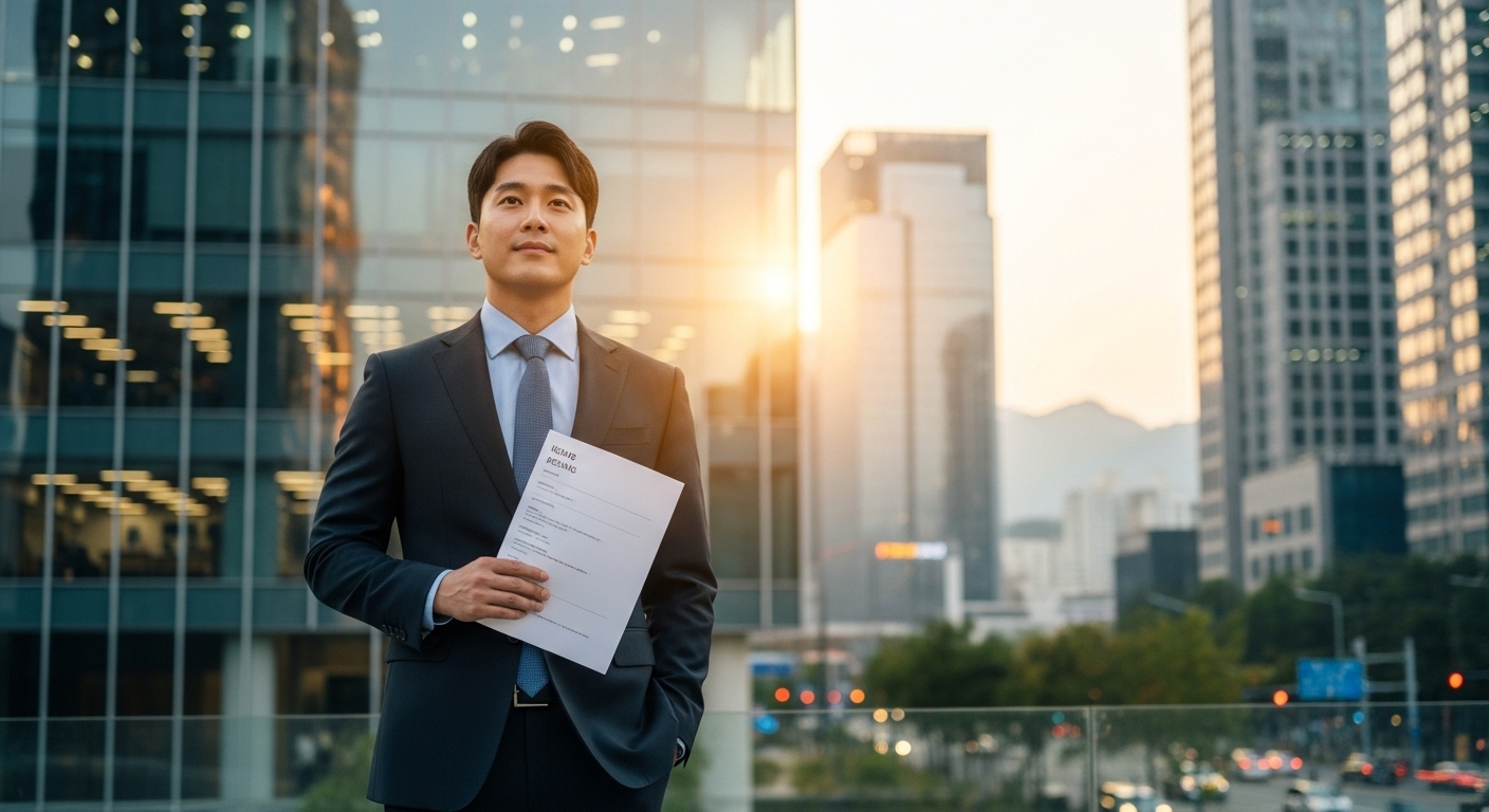 현대적인 오피스 건물 앞에서 이력서를 들고 결의에 찬 표정의 구직자 모습