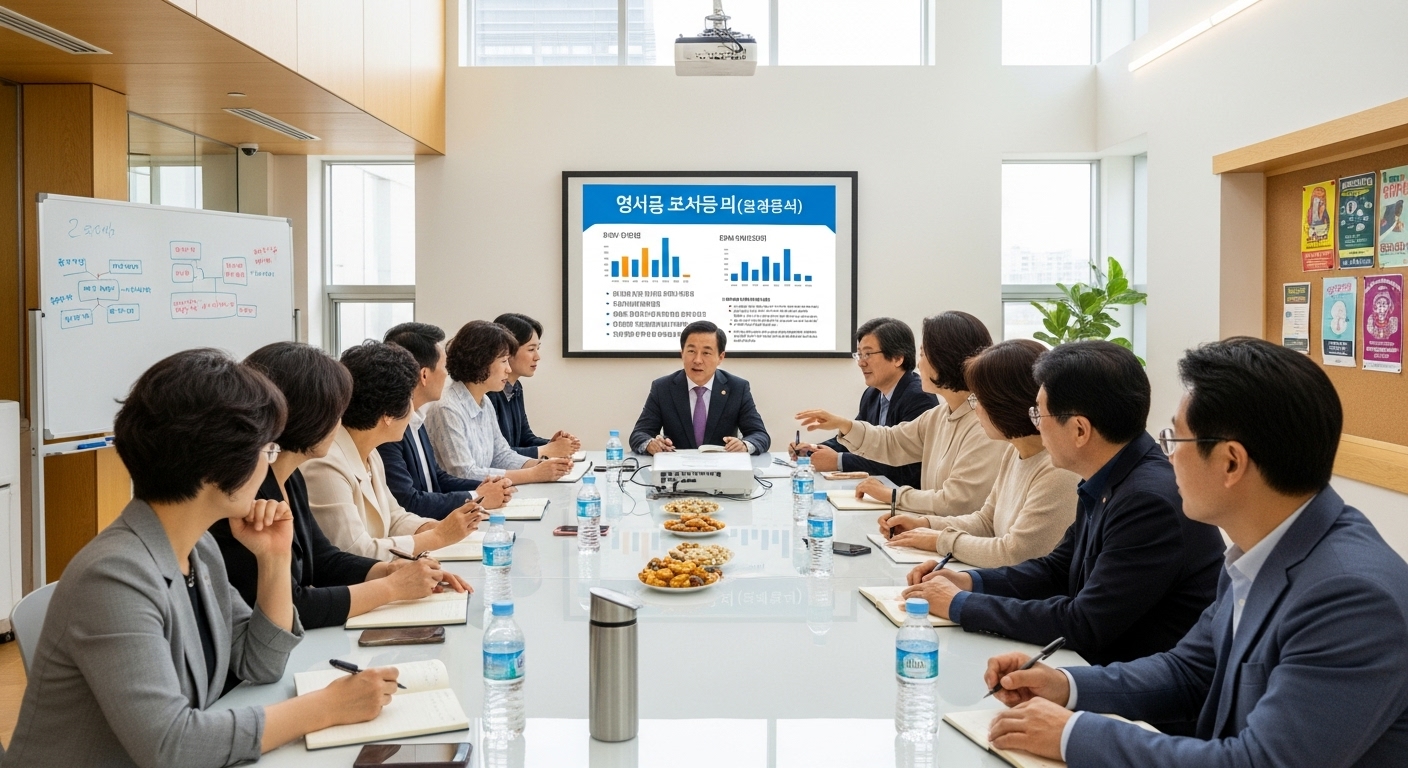 지역 센터에서 안전에 대해 토론하는 현대 한국 주민들