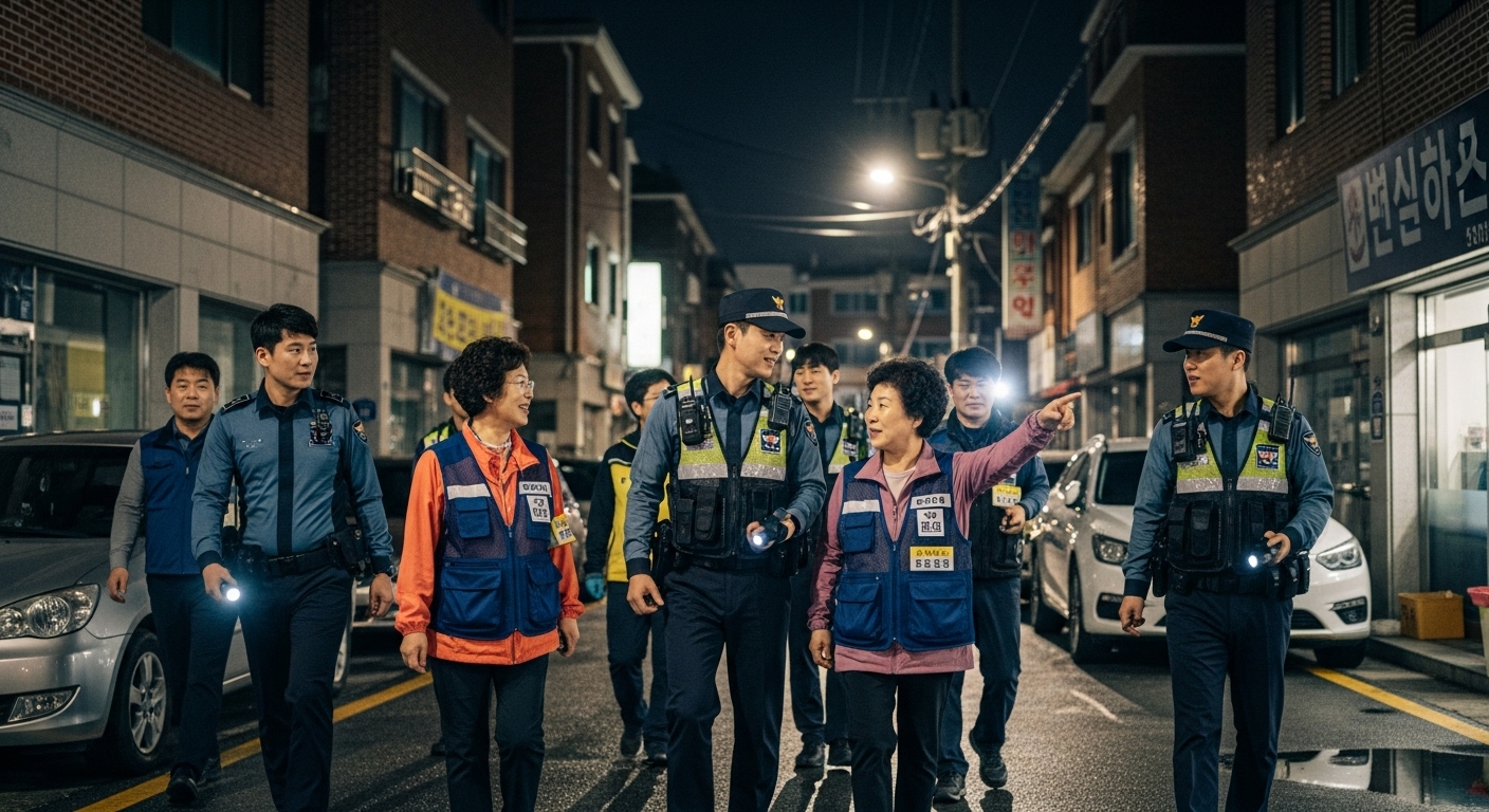 범죄 예방을 위해 순찰하는 현대 한국 경찰과 주민들