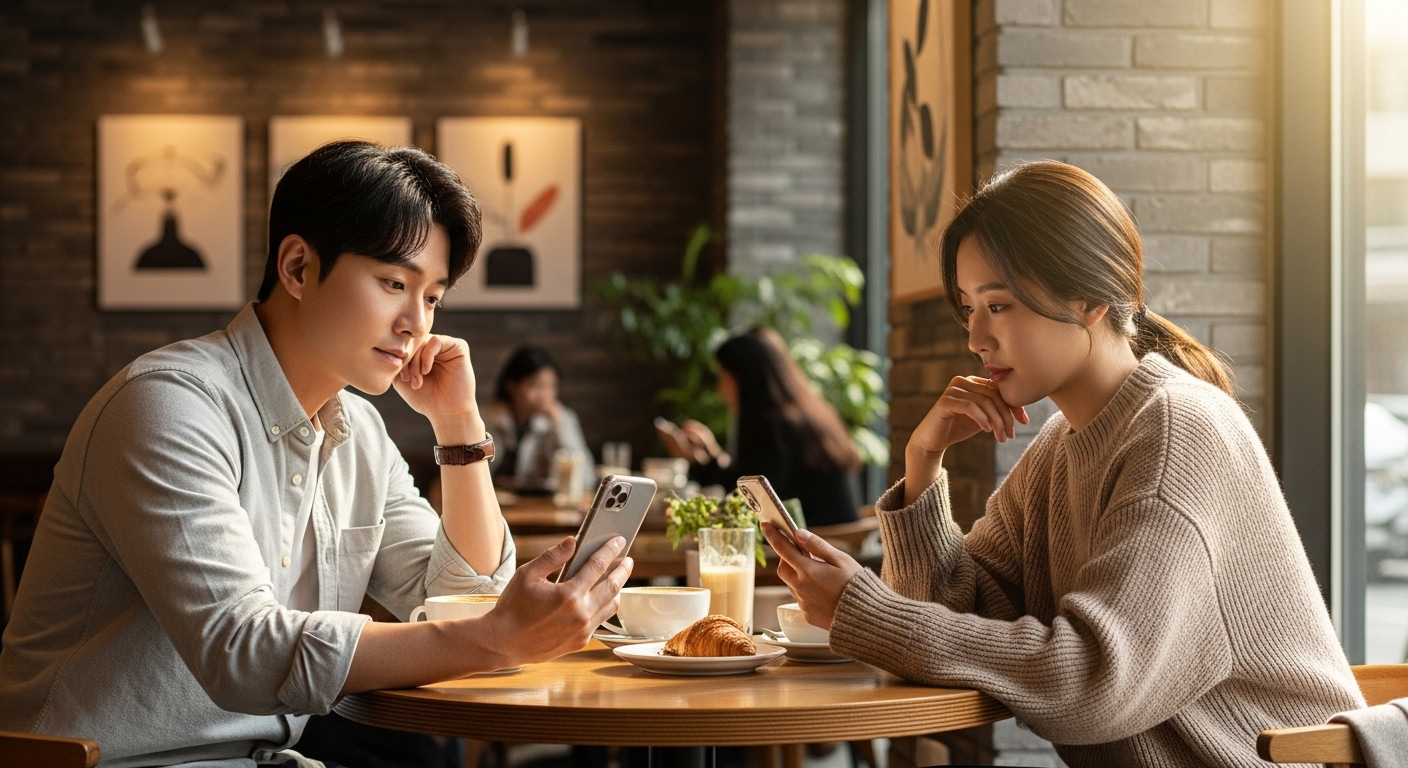 세련된 카페에서 현대적 관계에 대해 이야기하는 젊은 커플