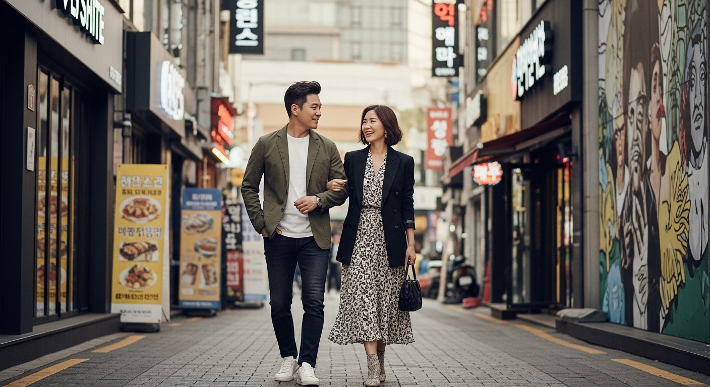 현대적인 한국의 40대 남녀가 도시 거리에서 젊고 트렌디한 옷차림으로 일상을 즐기는 모습