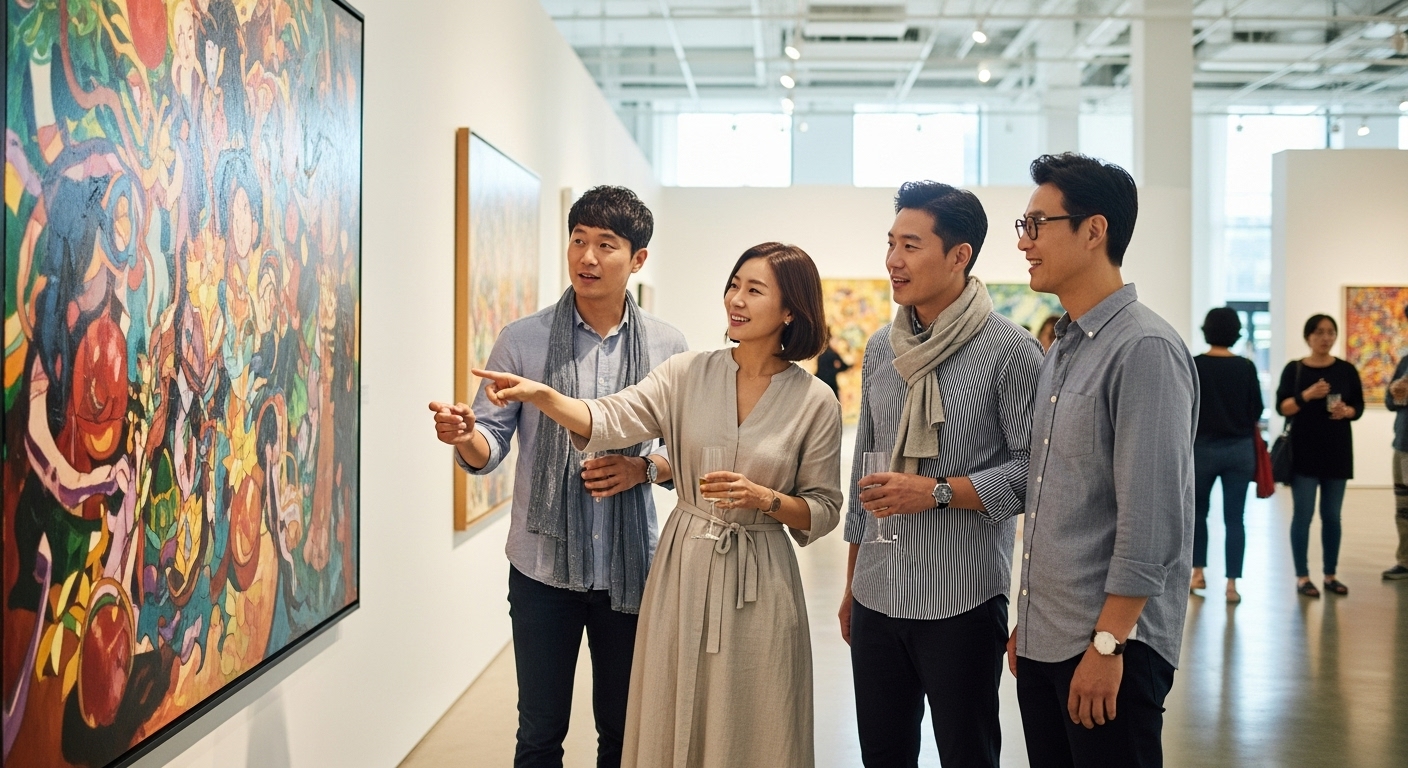 미술관이나 콘서트장에서 문화를 즐기는 현대적이고 여유로운 분위기의 40대 한국인 친구들 모임 모습