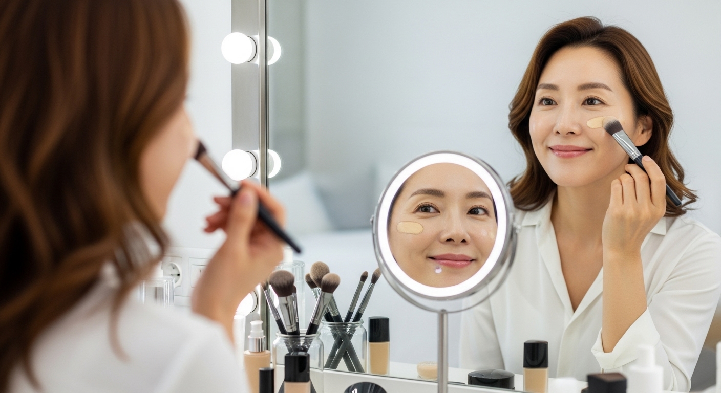 40대 여성이 화장대 앞에서 파운데이션을 바르고 있는 모습