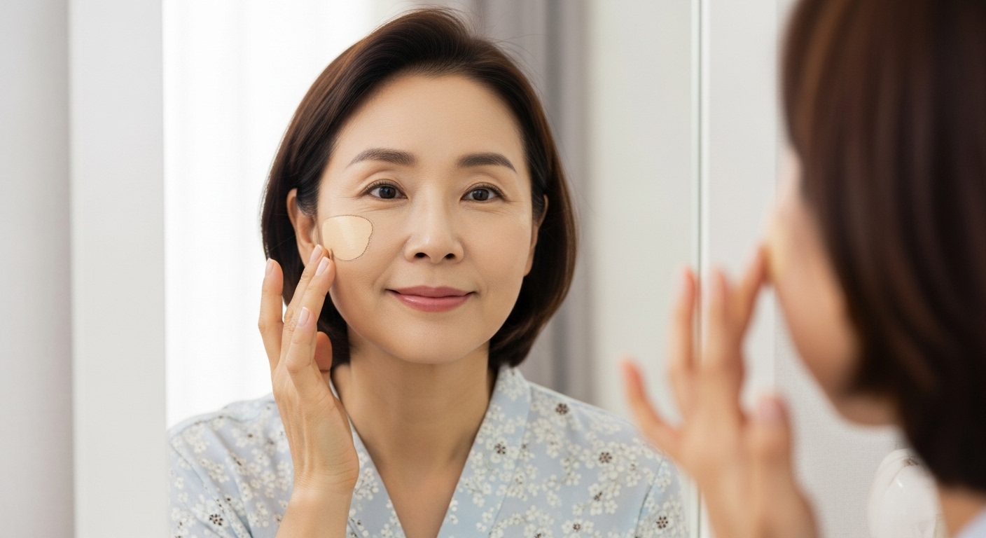 네리티아 파운데이션을 바른 후 만족스러운 표정으로 거울을 보는 중년 여성