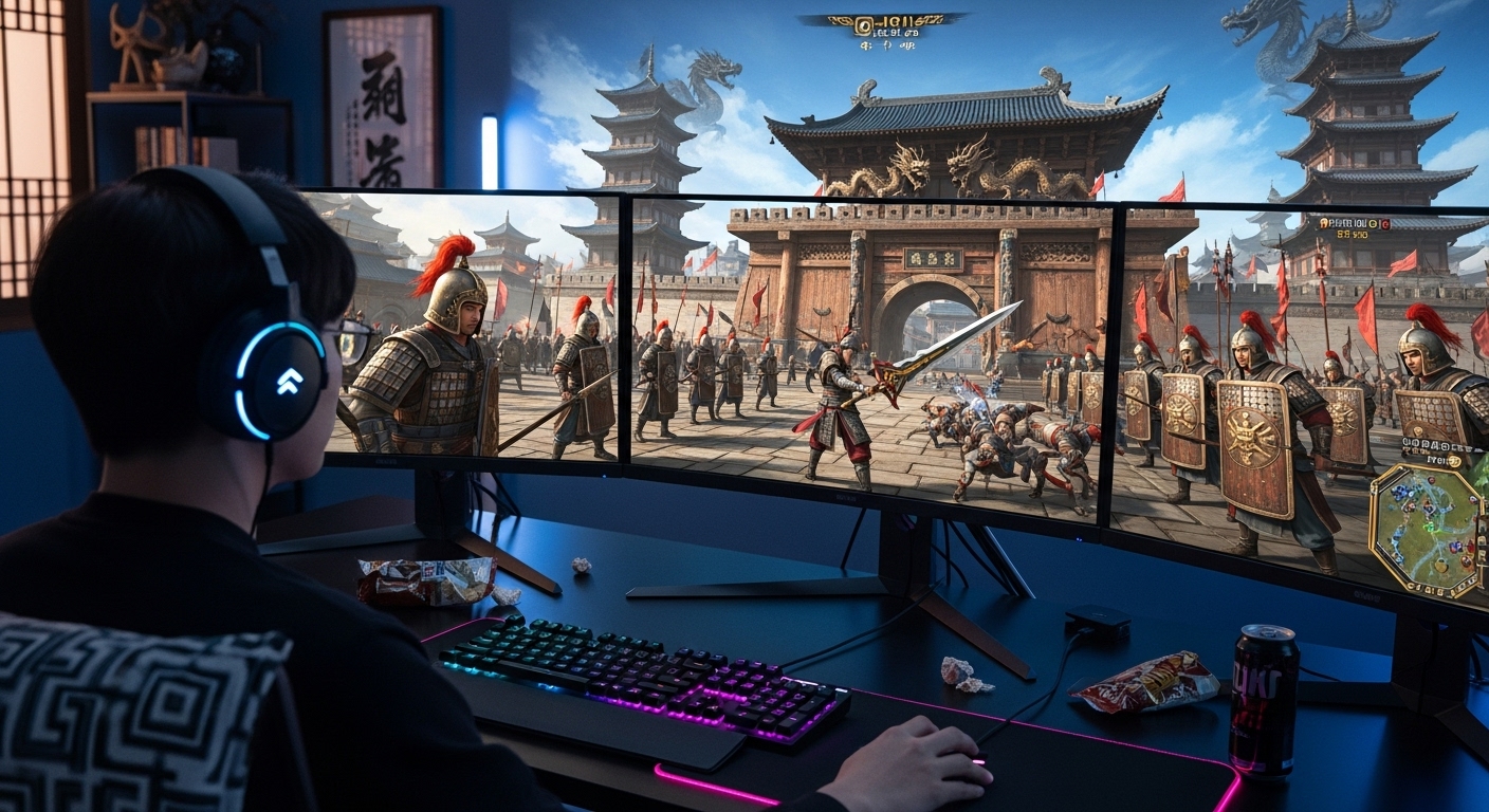 한국 게이머가 고급 게임 장비로 RPG 게임에 몰입하는 모습