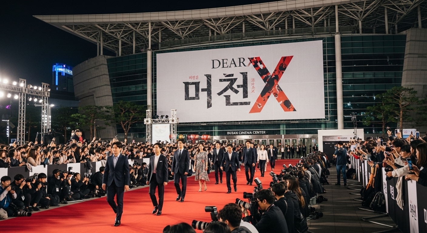 부산국제영화제에서 열린 레드카펫 행사와 '친애하는 X' 대형 배너