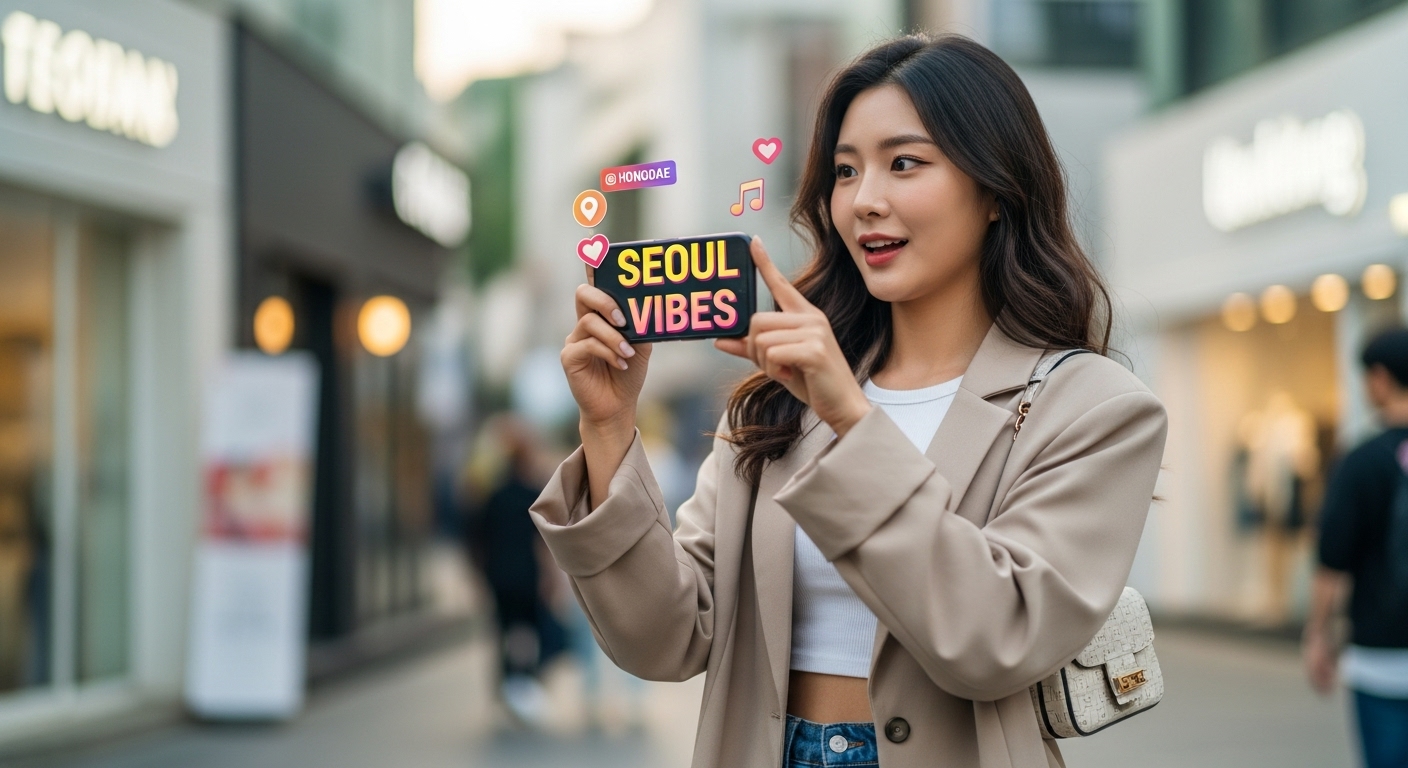 젊은 인플루언서가 스마트폰으로 인스타그램 스토리를 만드는 모습