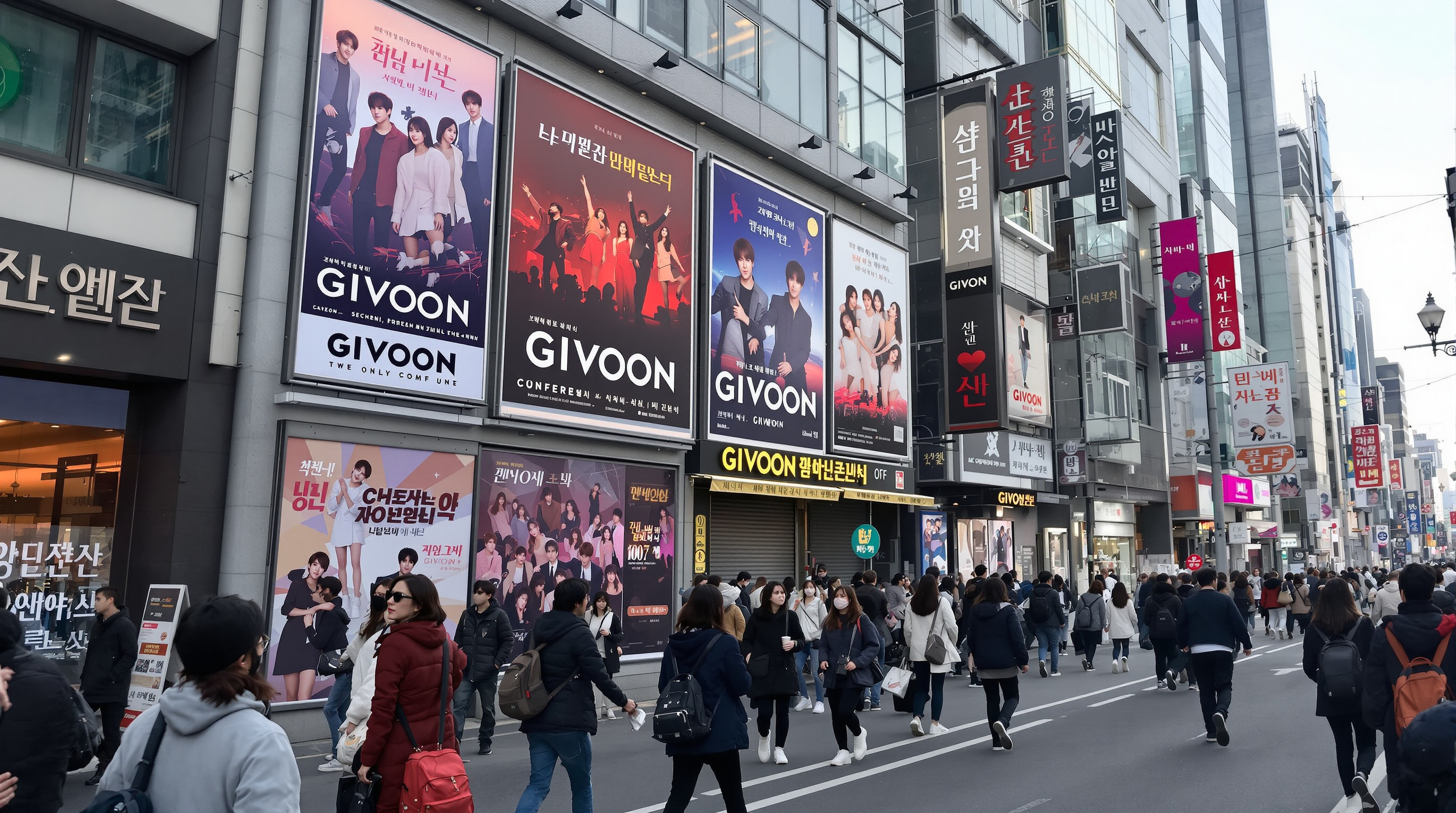 서울 거리에 걸린 기브온 콘서트 포스터와 지나가는 팬들의 모습