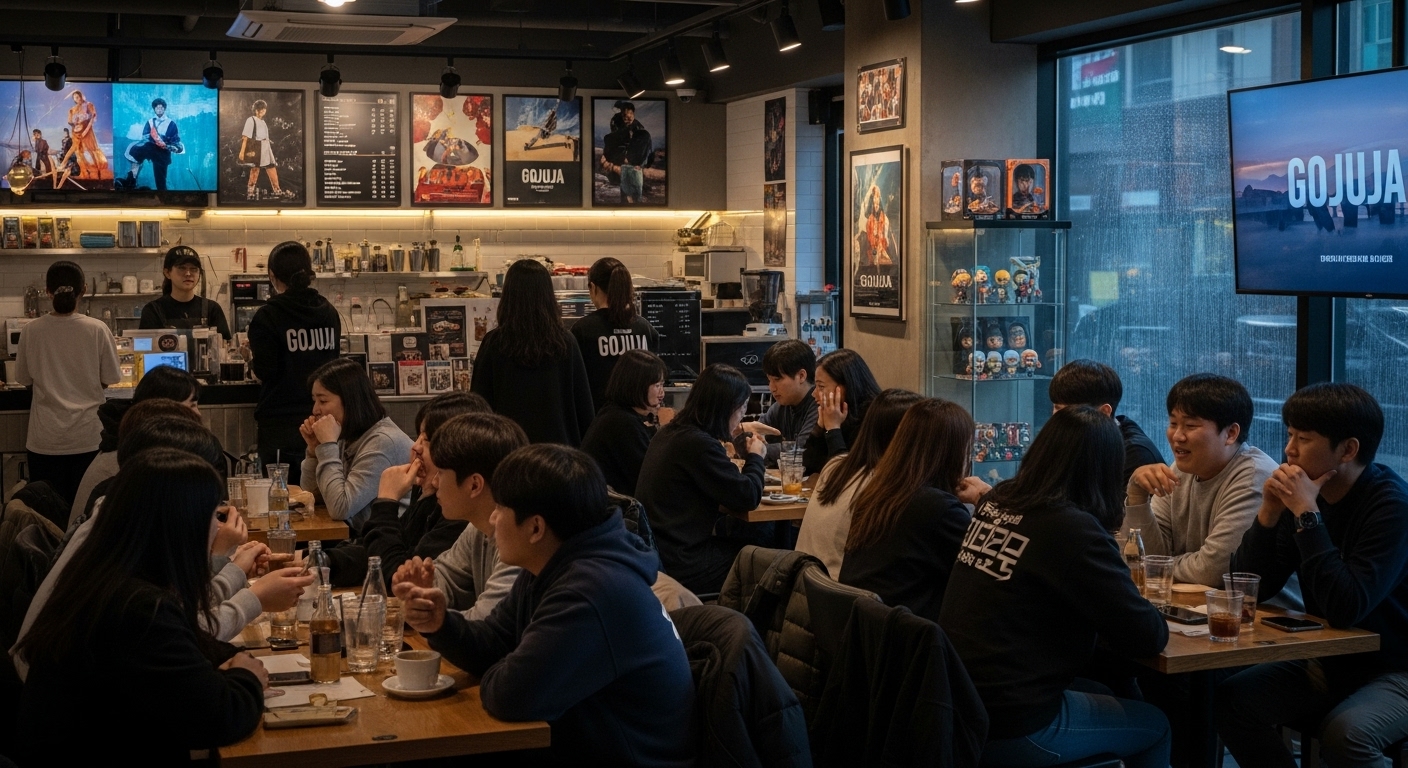 카페에 모여 포스터와 기념품 속에서 최근 에피소드에 대해 토론하는 열정적인 팬들 모습