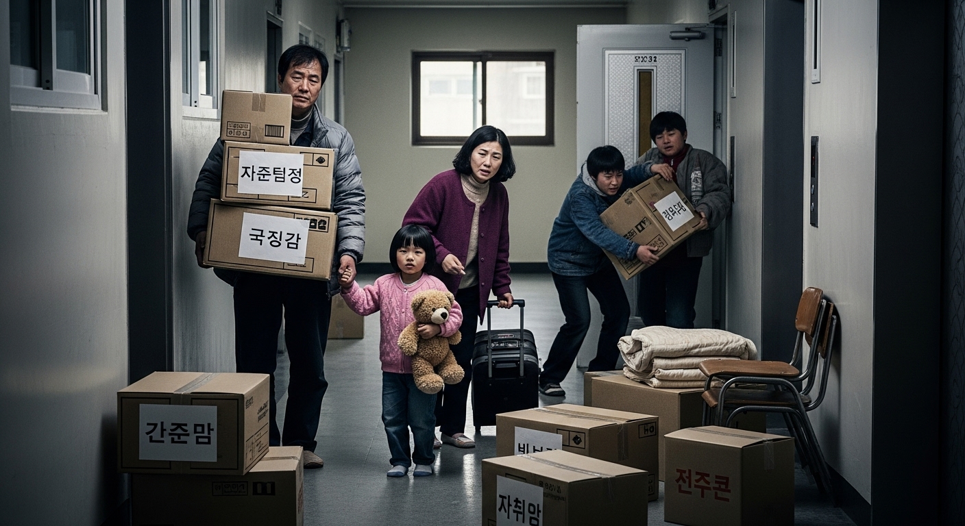 강남 아파트를 떠나는 가족의 모습과 감정적 고난