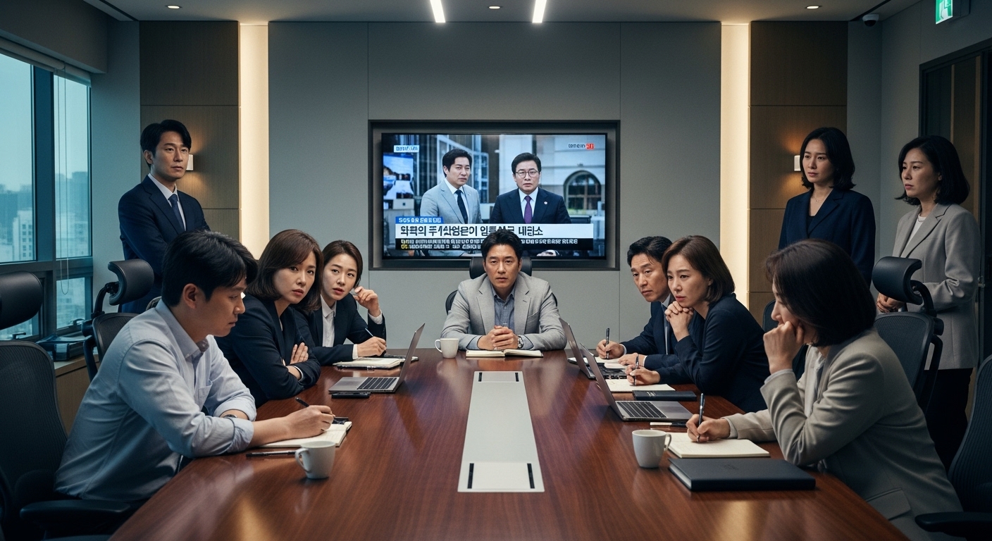 현대적인 한국 오피스 회의실에서 논란에 대해 토론하는 방송 제작진