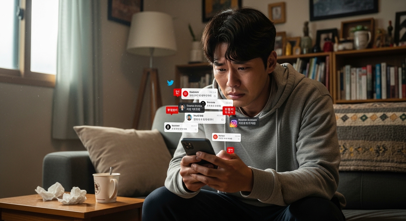 아늑한 아파트에서 휴대폰을 보고 있는 불안한 표정의 한국 배우