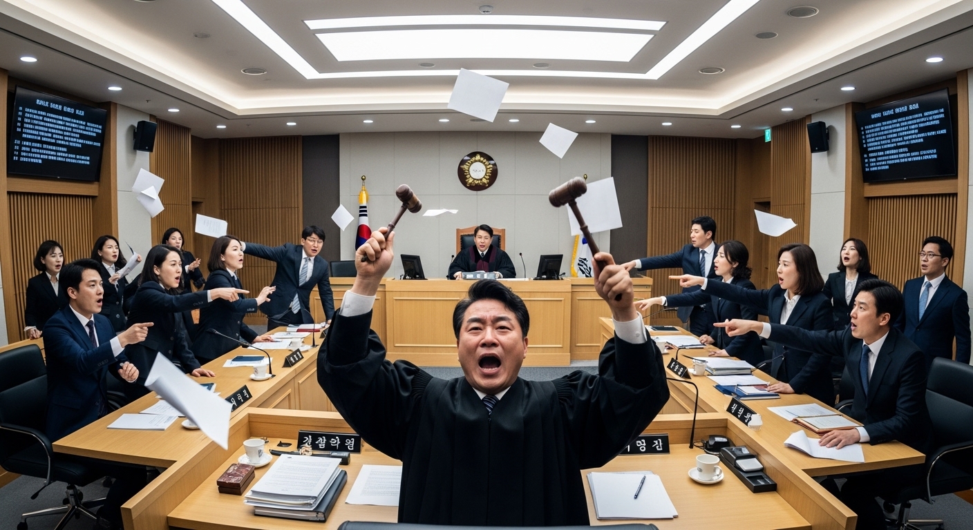 현대 한국 법정에서 변호사와 판사가 격렬하게 논쟁하는 모습