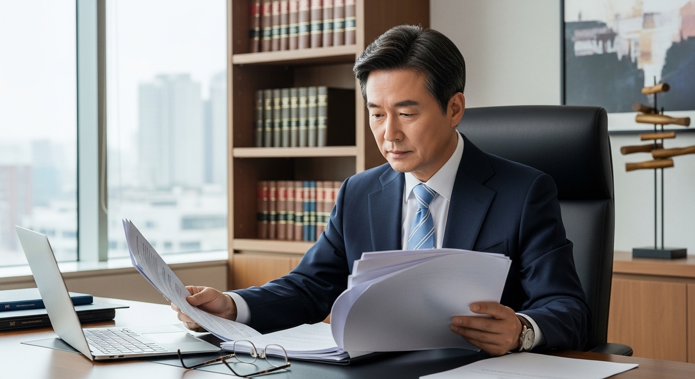 중견 법조인 이진관 판사가 현대적인 사무실에서 서류를 들고 있는 모습
