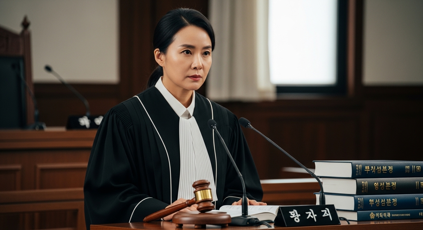 법복을 입은 이진관 판사가 법정에서 진지한 표정으로 서 있는 모습