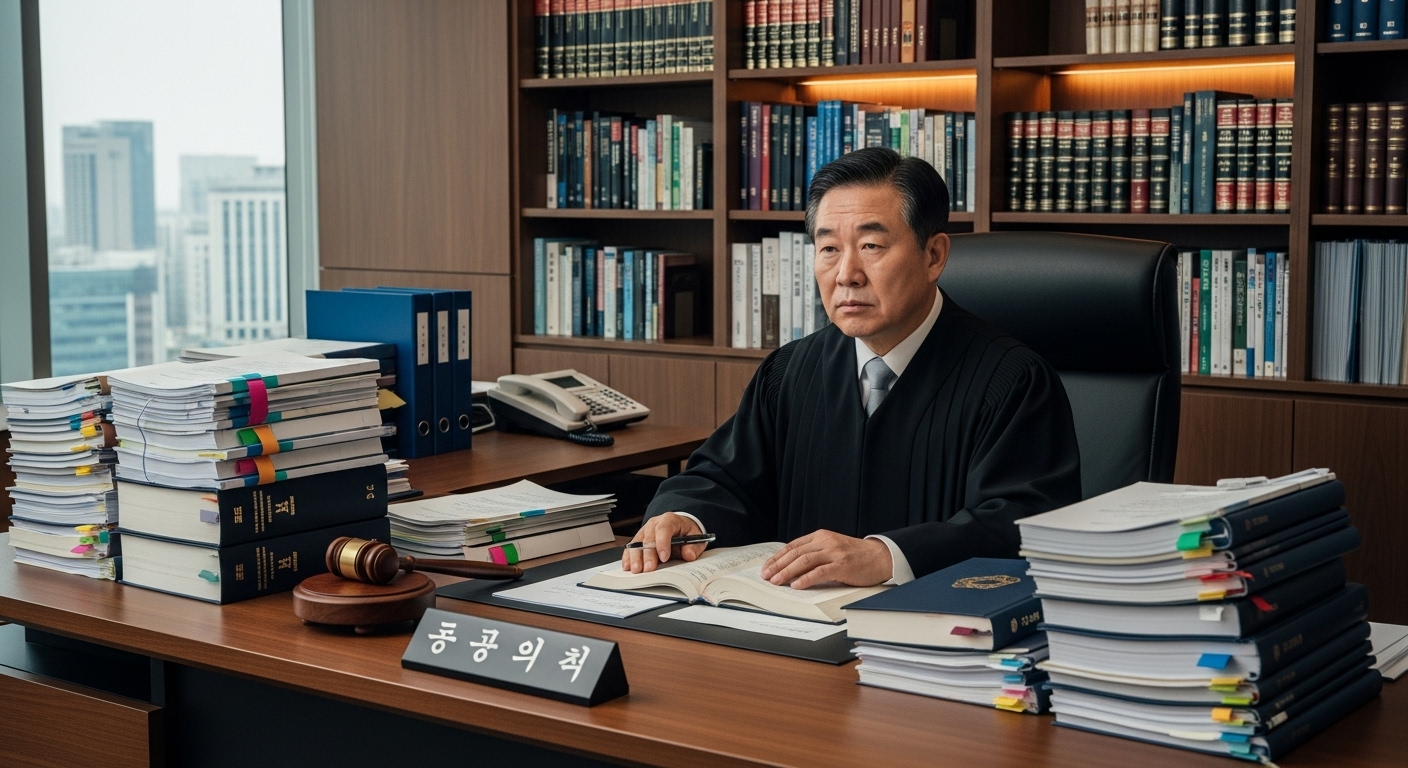 정리된 사무실에서 서류와 자료들로 둘러싸인 이진관 판사의 모습