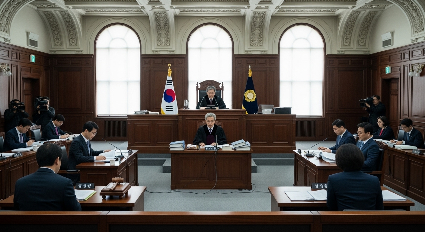 대형 법정에서 정치적 사건을 심리하는 고위급 한국 판사의 모습