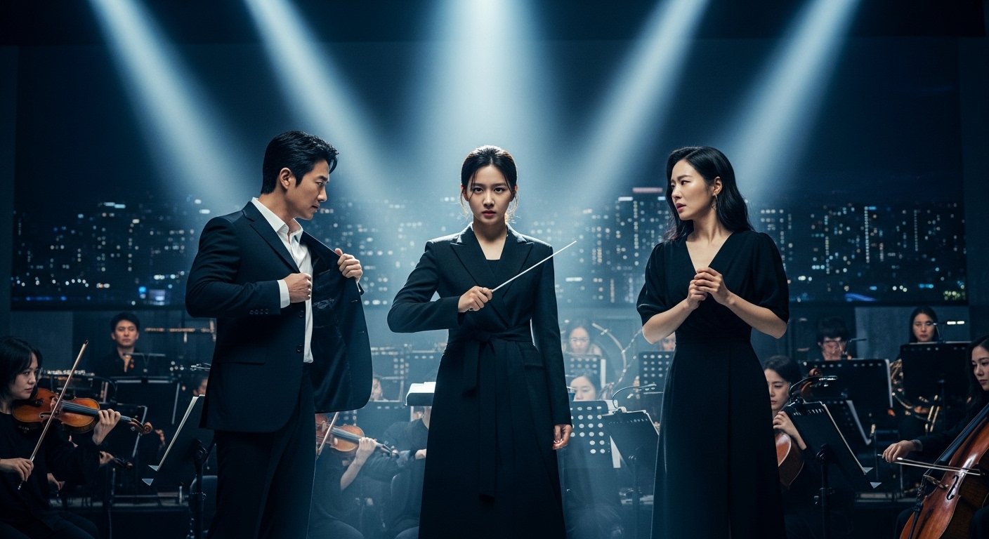 긴장감 넘치는 분위기의 오케스트라 배경에서 세 주인공이 대치하는 장면