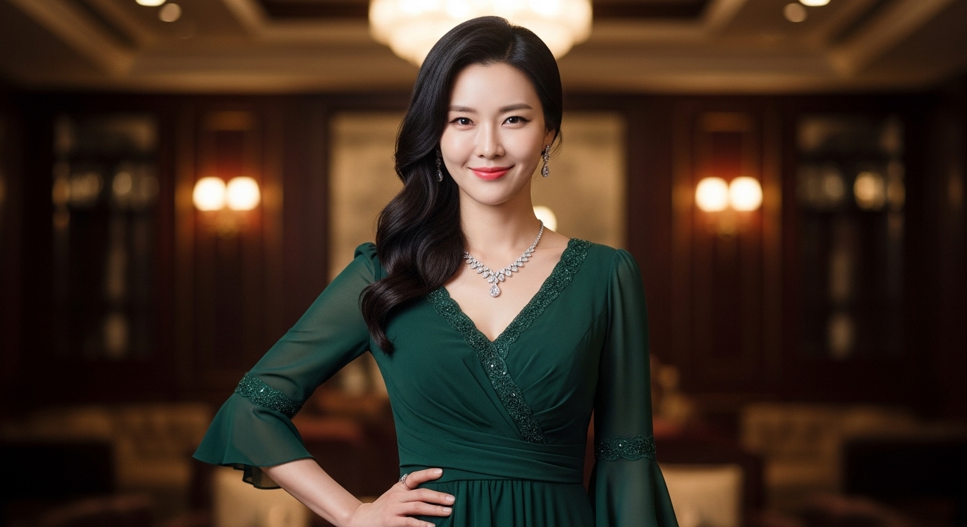 우아한 드레스를 입고 복잡한 표정을 지닌 한국 여성
