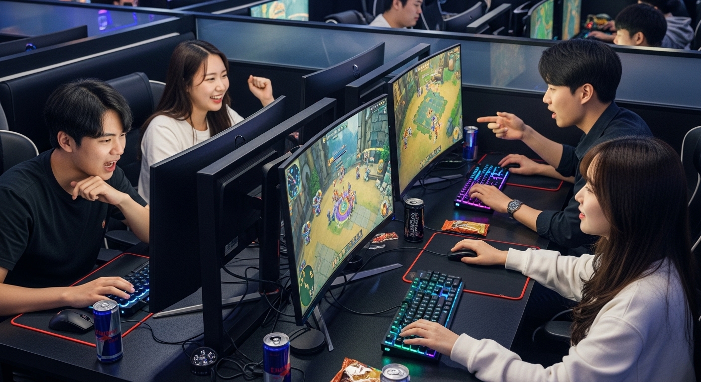 젊은 게이머들이 컴퓨터 앞에서 롤체스를 플레이하는 모습
