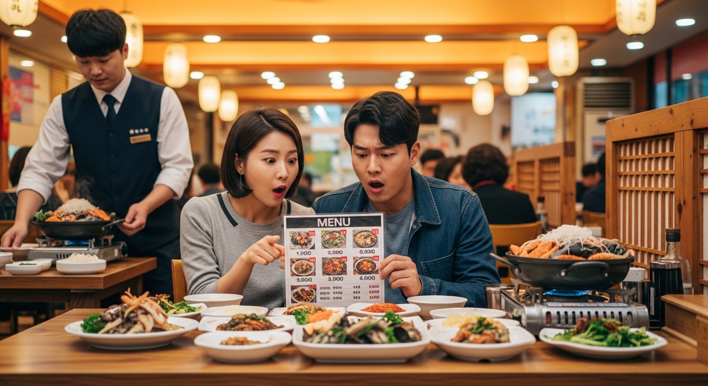 제주 식당에서 메뉴의 높은 가격에 놀라는 커플의 모습
