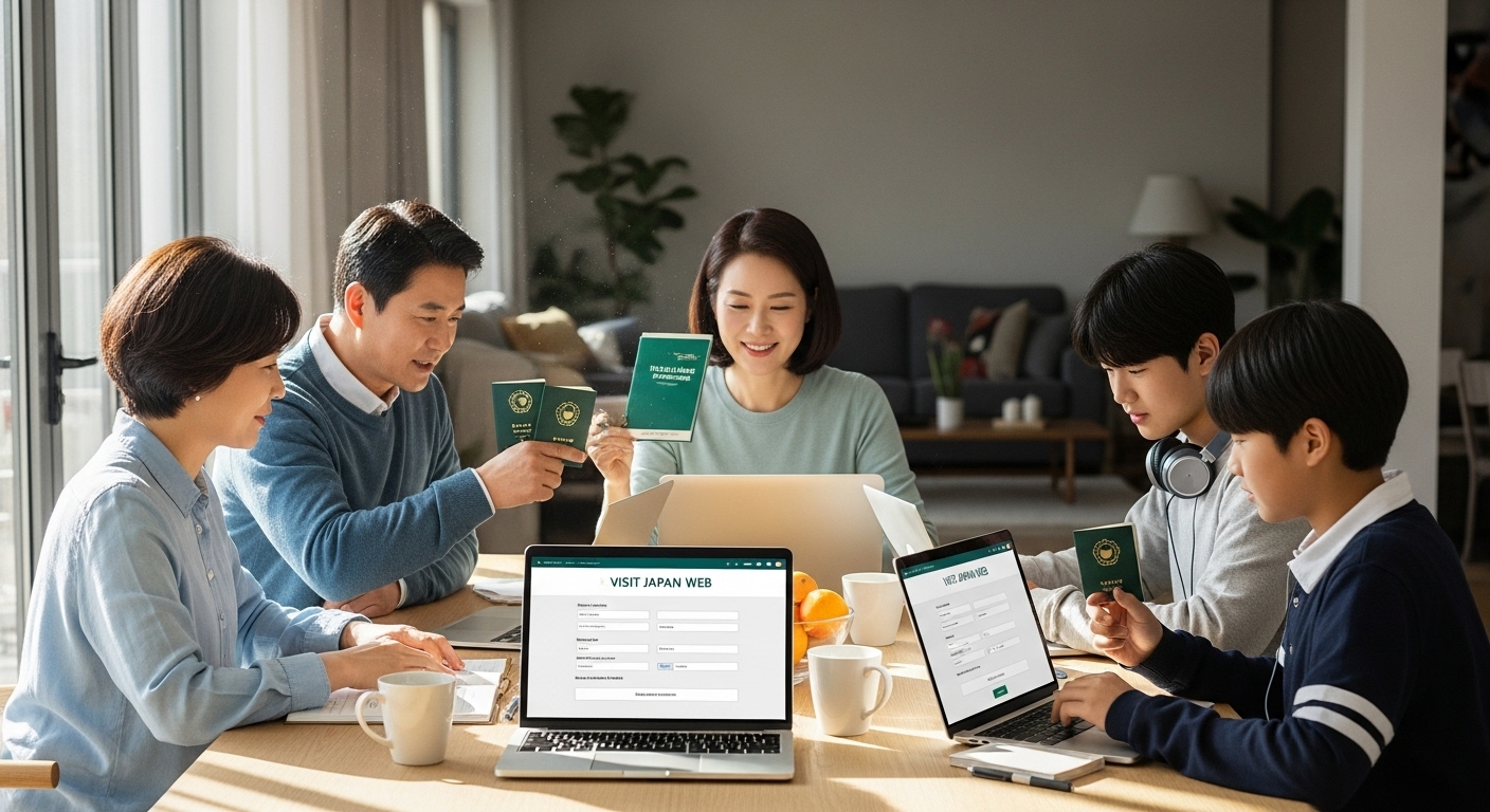 여권과 노트북을 앞에 두고 함께 등록 절차를 진행하는 가족
