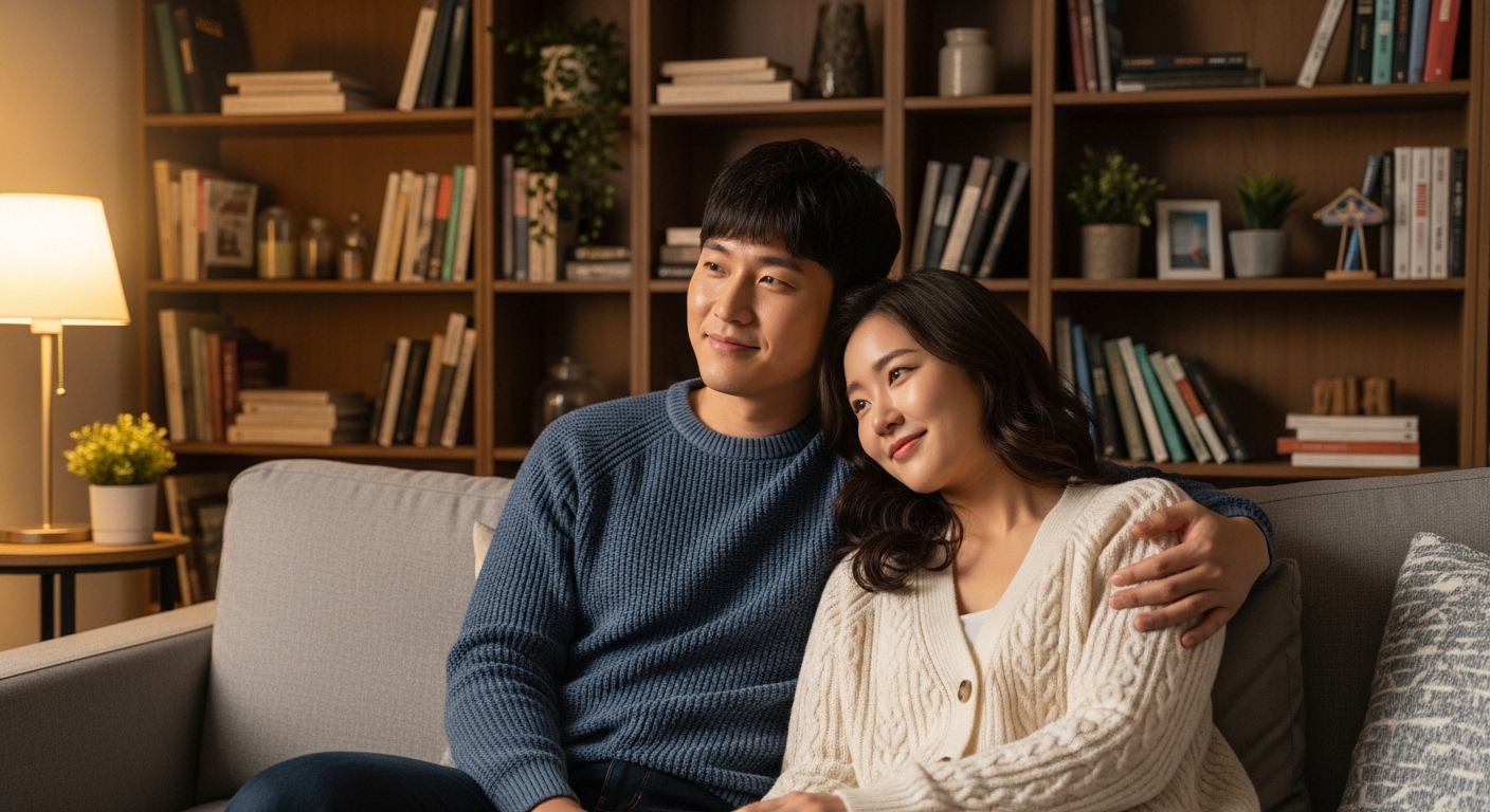 집에서 편안한 저녁을 보내는 한국인 커플의 모습