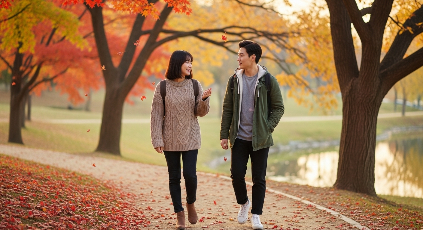 가을 공원에서 함께 산책하는 두 친구