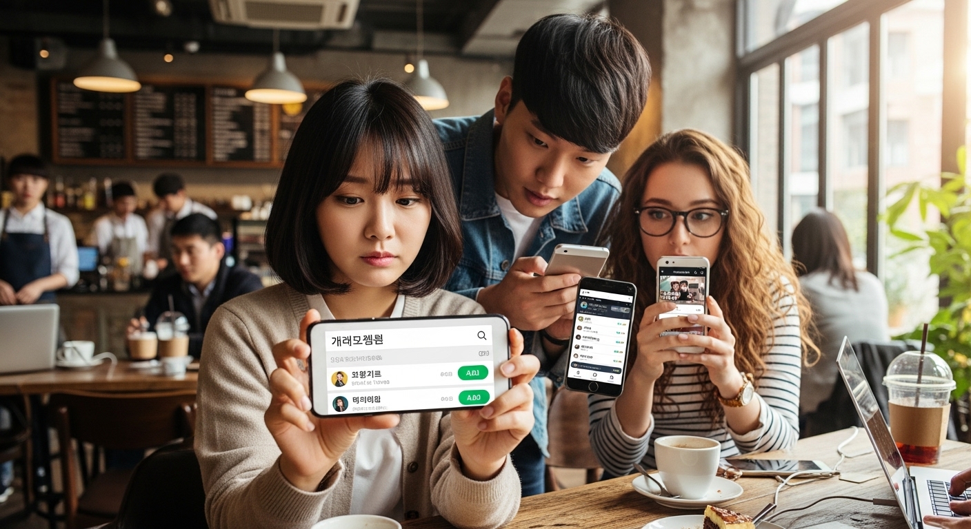 카페에서 카카오톡 앱으로 채널을 검색하고 추가하는 젊은이들