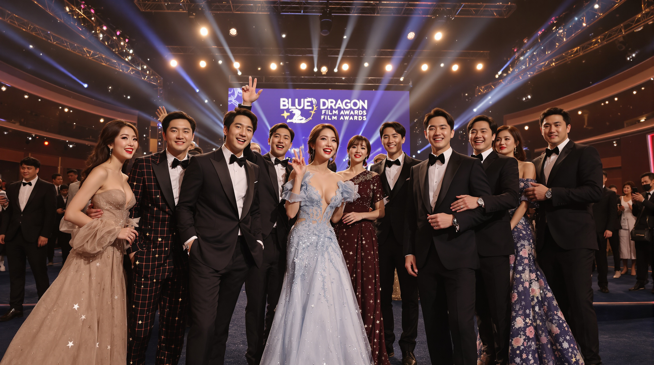 청룡영화상에서 화려한 무대와 함께 즐거운 표정으로 참석한 배우들의 모습