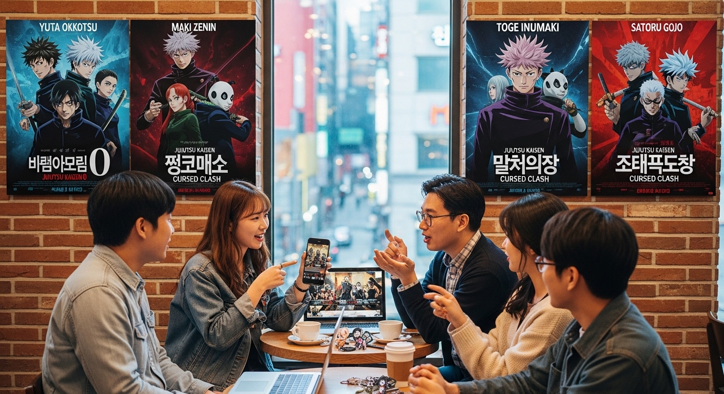 현대적인 한국 애니메이션 팬들이 카페에서 영화 개봉 소식을 이야기하는 모습