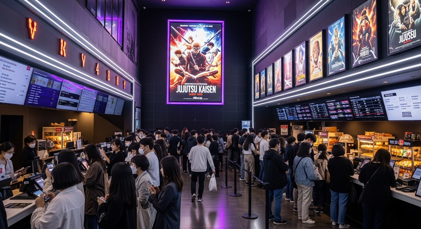 서울 영화관 로비에서 티켓을 기다리는 사람들로 북적이는 모습