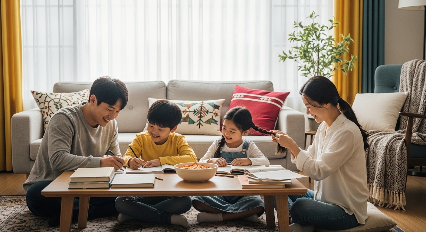 일상적인 도전 속에서 따뜻한 순간을 공유하는 아늑한 한국 가족 환경