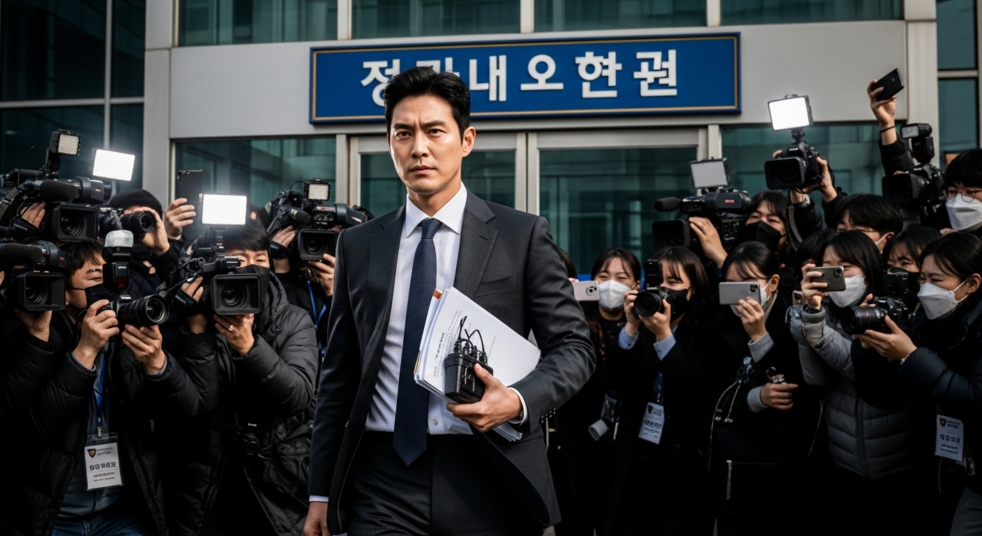 법적 서류를 들고 경찰서에 입장하는 결연한 모습의 한국 배우와 그를 둘러싼 미디어 기자들