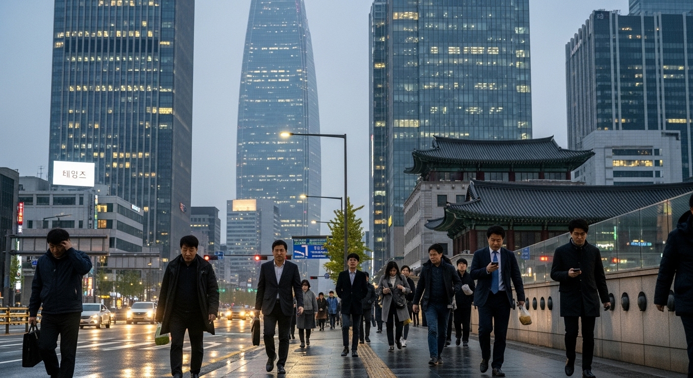 현대적인 도시 풍경 속 대기업 건물과 사람들의 일상적인 모습