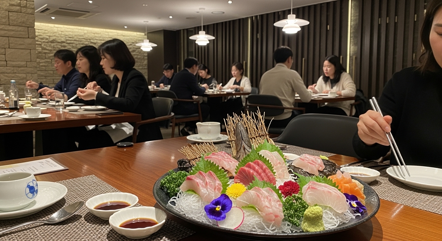 지하에 위치한 세련된 분위기의 일식당에서 사시미를 즐기는 손님들