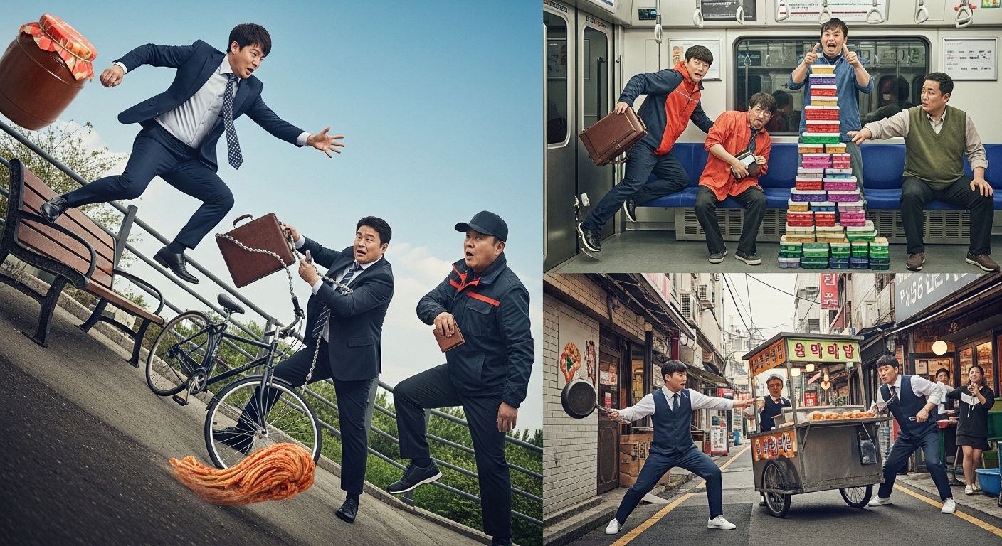 일상 속에서 예상치 못한 반전과 팀워크를 보여주는 액션 코미디 장면