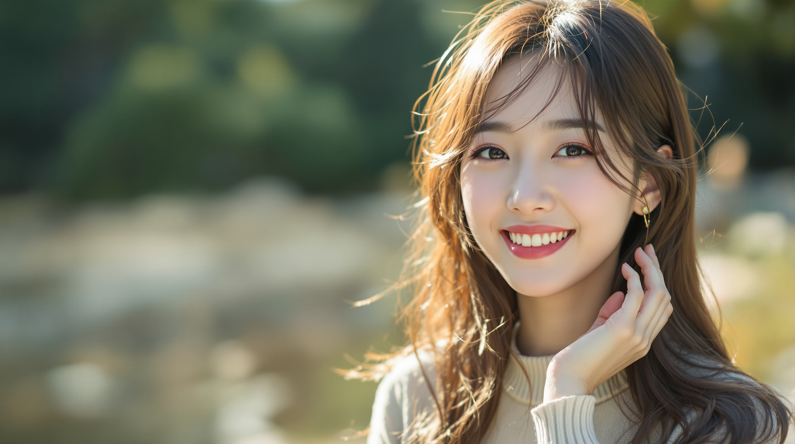 자연 배경에서 햇빛을 받으며 미소 짓는 카리나