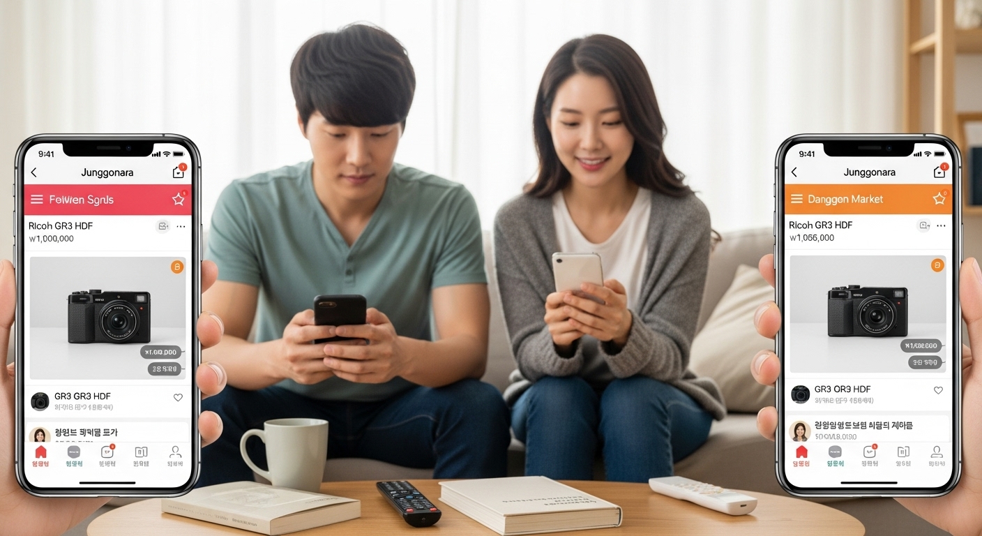 한국 사람들이 집에서 모바일 앱으로 중고거래를 하고 있는 장면; 각기 다른 가격이 표시된 정중앙과 당근마켓 화면