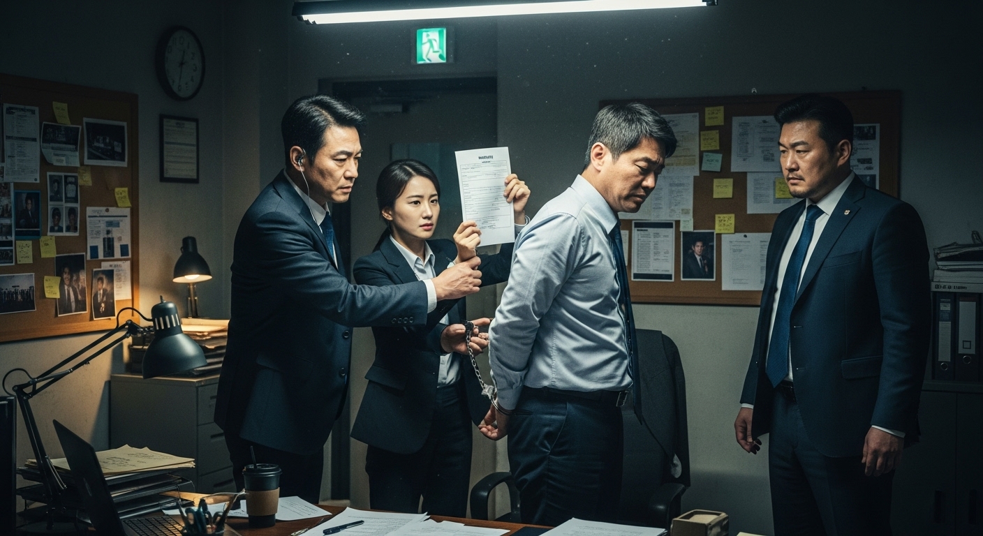 사무실에서 한국 경찰에게 체포되는 중년 남성