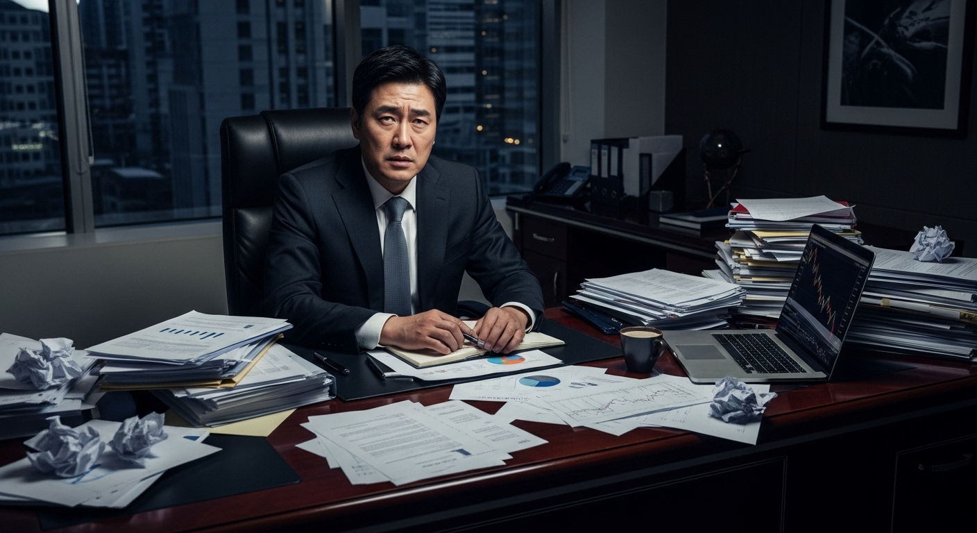정장 차림의 한국 비즈니스맨이 책상 위에 서류들이 흩어진 채 고민하는 모습