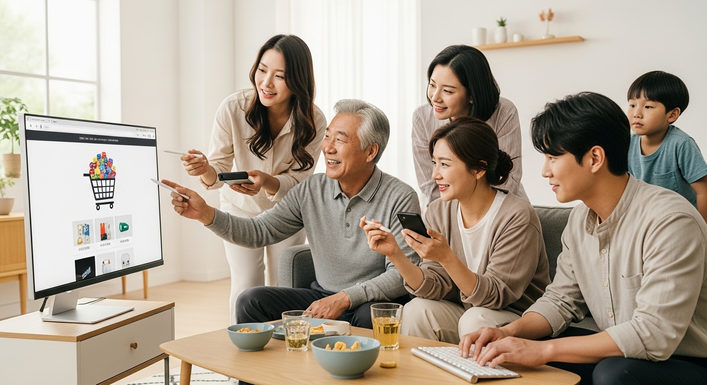 한국인 친구나 가족들이 함께 온라인 장바구니에 여러 상품을 추가하며 대량 구매를 계획하는 모습