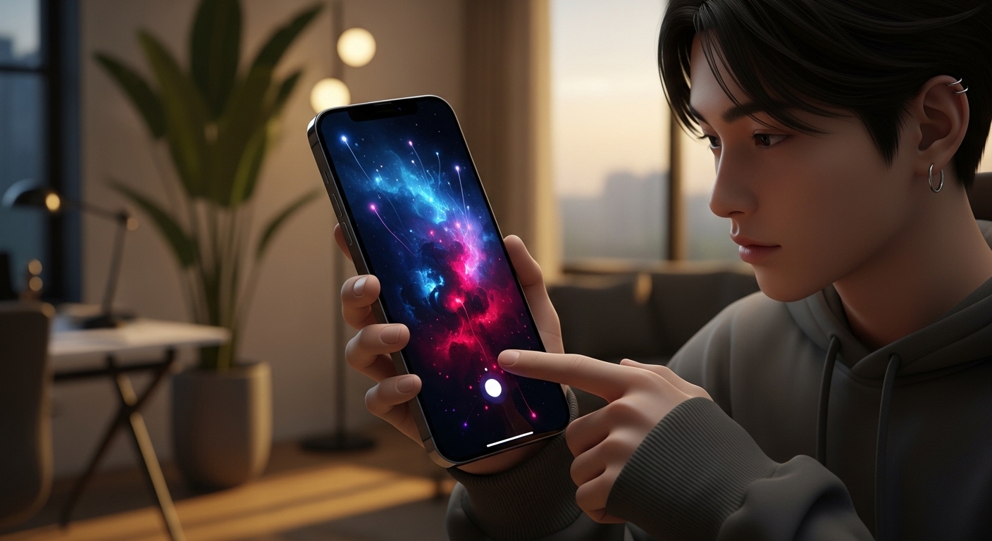 세련된 방에서 감성적인 추상 디자인의 아이폰을 조정하는 한국 청소년