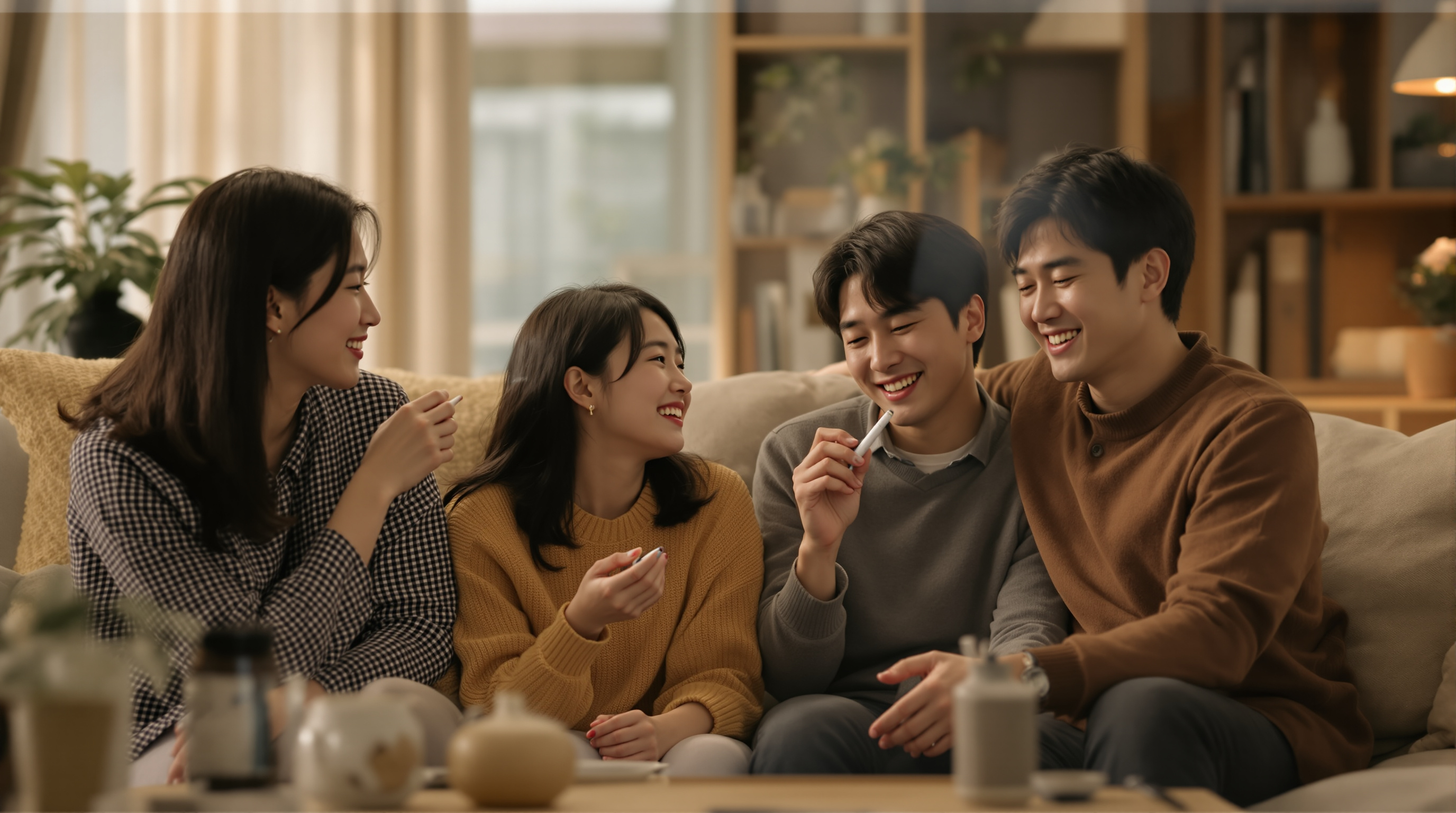 아버지가 레딜제로 전자담배를 사용하는 동안 가족이 함께 거실에 앉아 있는 모습